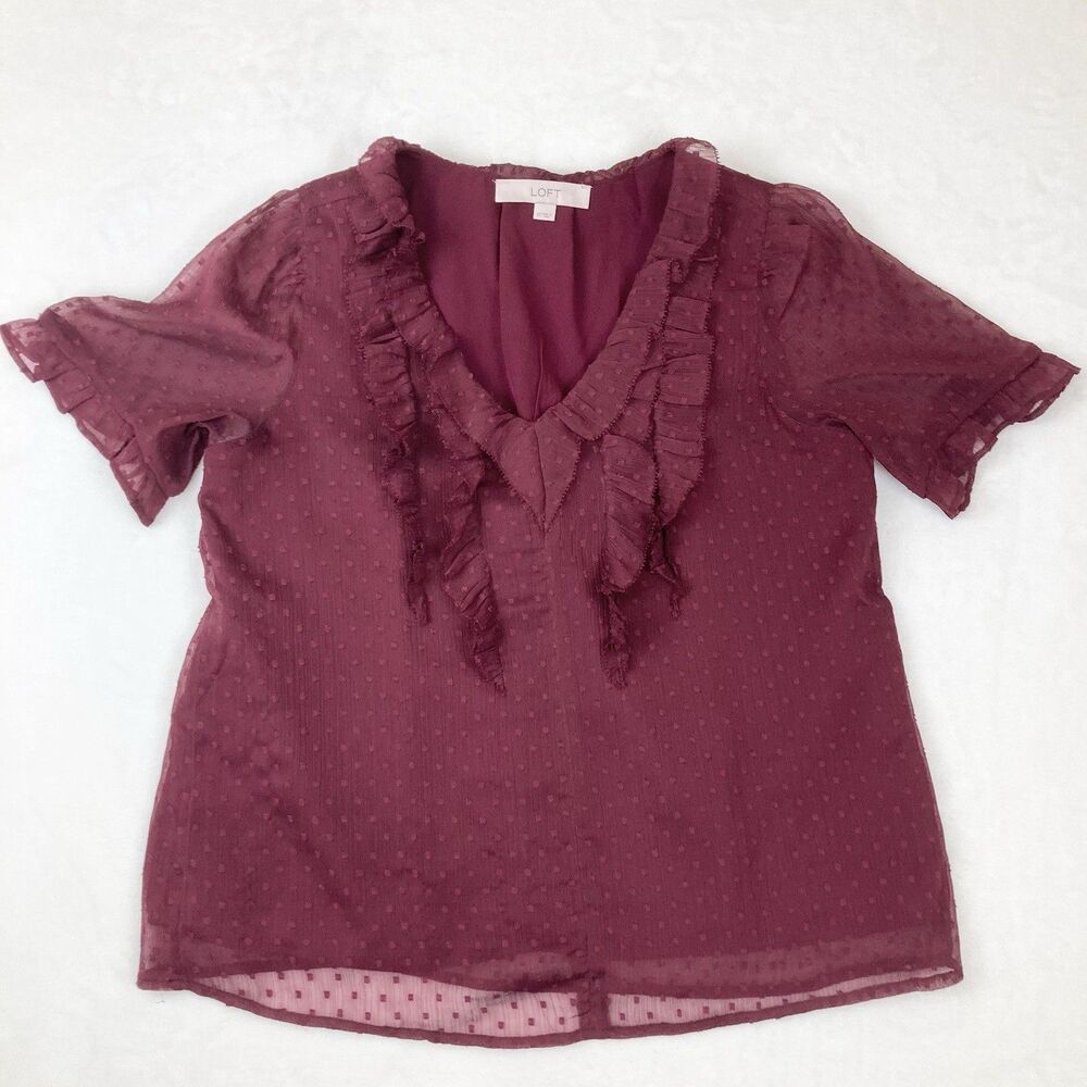 Loft Ruffle V-Neck Blouse Women’s XS Burgundy Swiss Dot Short Sleeve Workwear